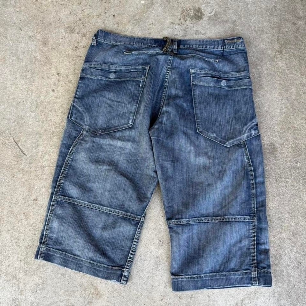 Y2K‎ Project Raw Baggy Blue Denim Shorts Embroidered Streetwear 38
